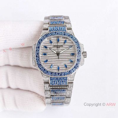 Luxury Replica Patek Philippe Nautilus 35.2mm Blue Sapphire Diamond Watch